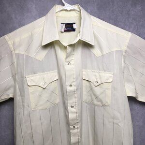 Panhandle Slim‎ Mens Shirt size 16.5 Yellow Striped Short Sleeve Pearl Snap